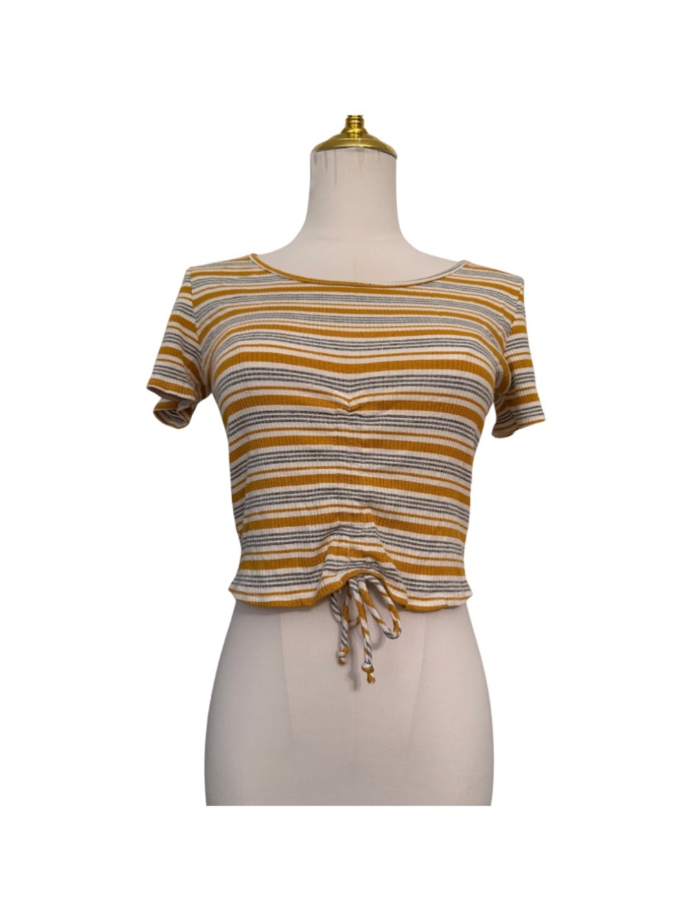 Guess Striped Mustard, White, Gray Cropped Ruched Tie Top
